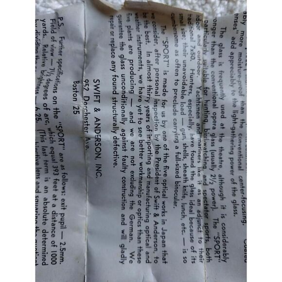 Vintage Swift & Anderson Sport 6x, 15 Sport Compact/Miniature Binoculars, 1953 - Picture 11 of 11